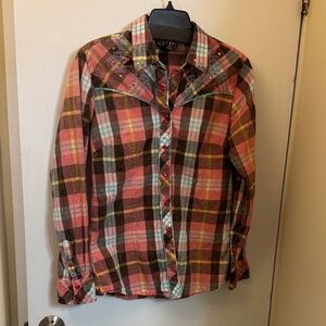 Cowgirl Up Plaid Western Embroidered Snap-Front Shirt - Pink & Brown